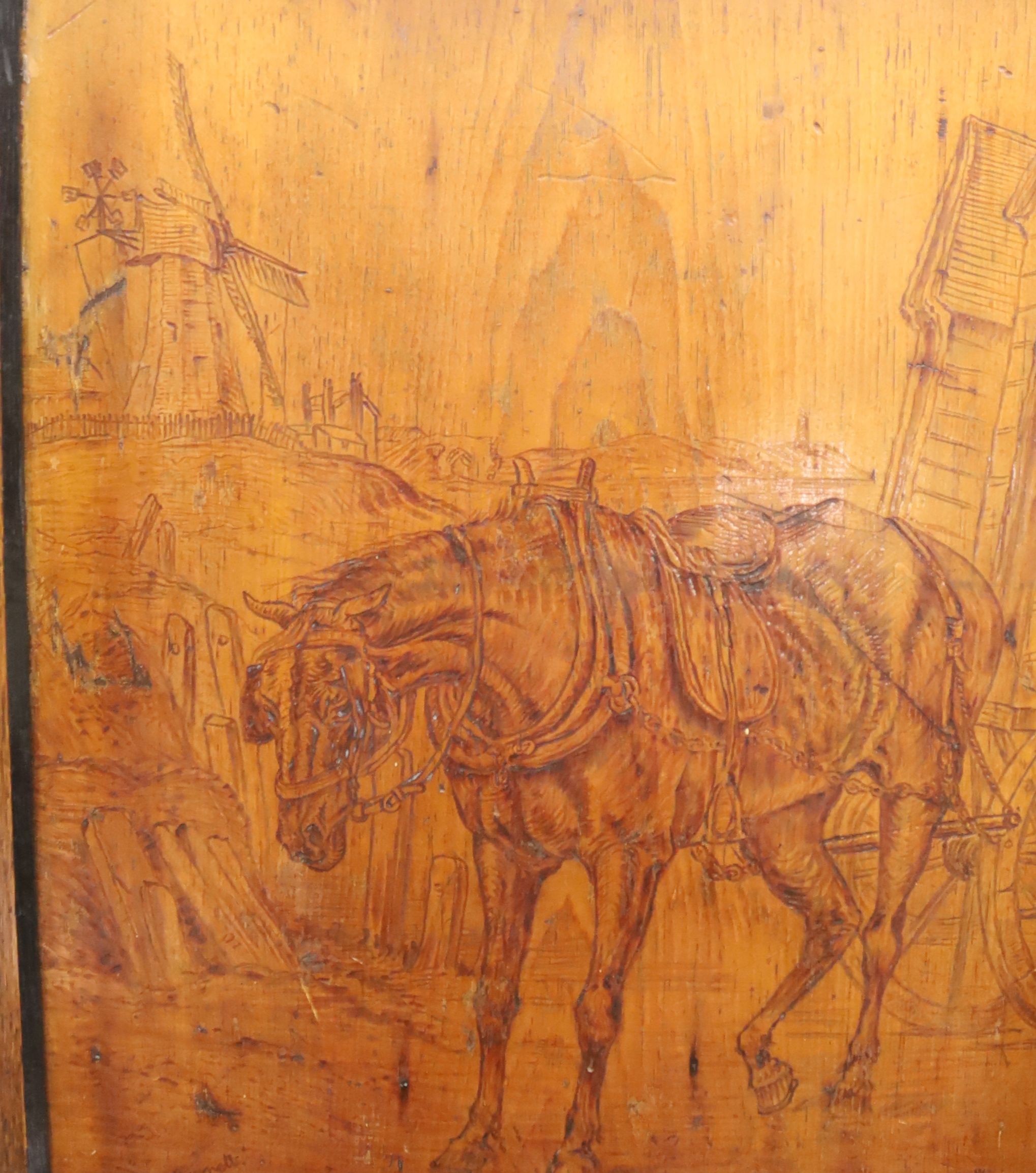 A pair of Arts & Crafts pokerwork beech panels, 59 x 48cm signed G. C. Barrett in oak frames